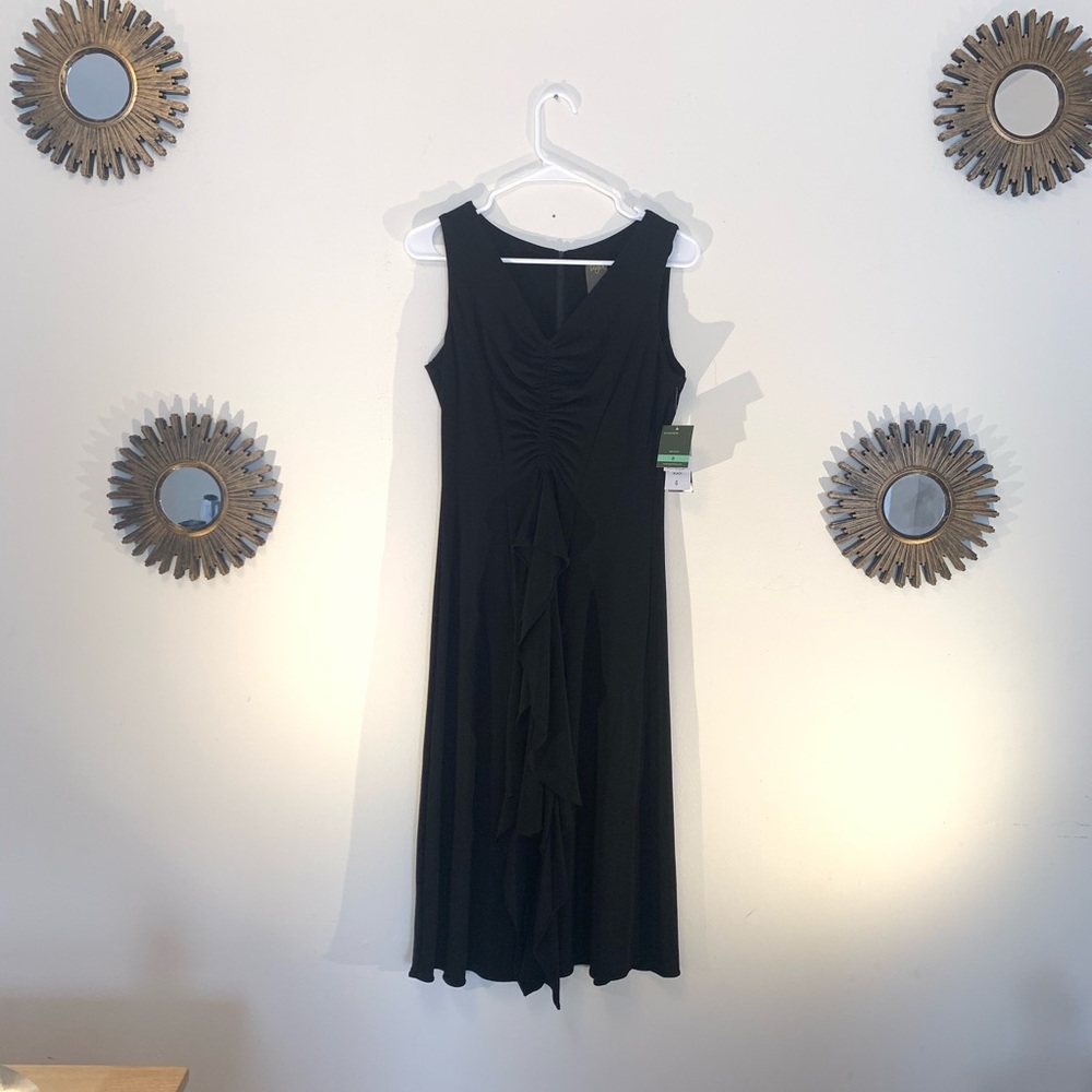Taylor Black Ruched Ruffle V-Neck Flyaway Dress - Picture 2 of 8